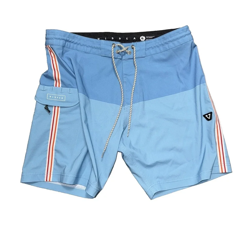 Vissla Mens 34 The Trip Heritage Boardshorts Blue Pocket Swim Trunks Surf Shorts